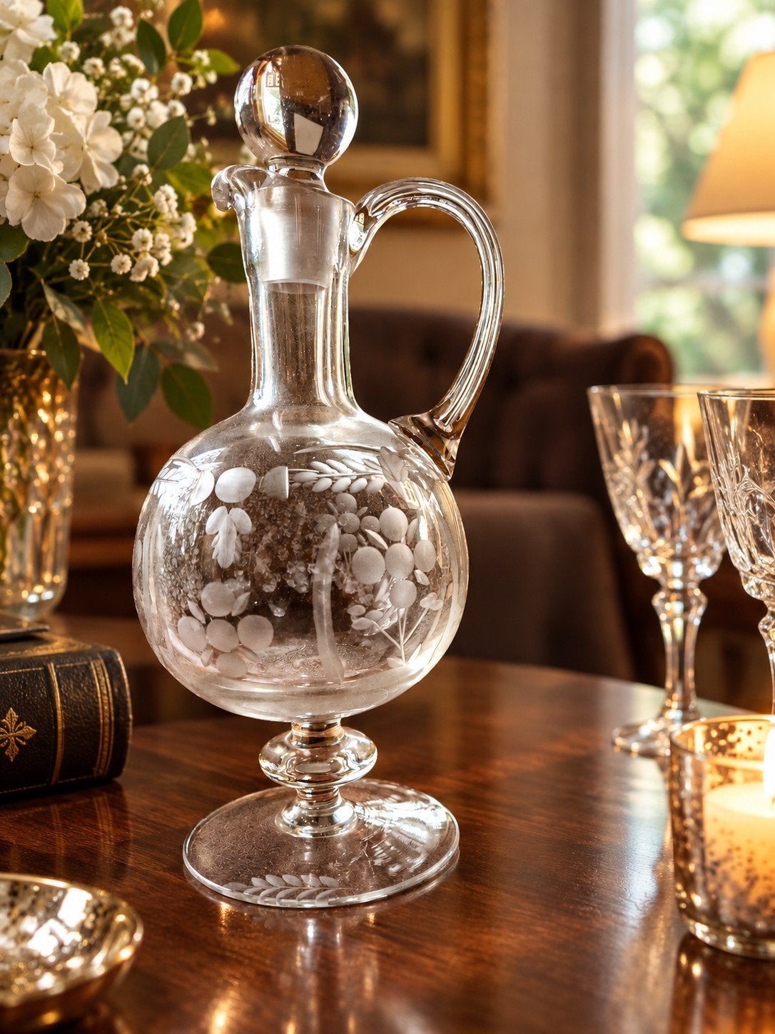 Exclusieve Vintage Glazen Karaf – Geëtst Druivenmotief 27 cm, Antiek en Kunst, Verzenden