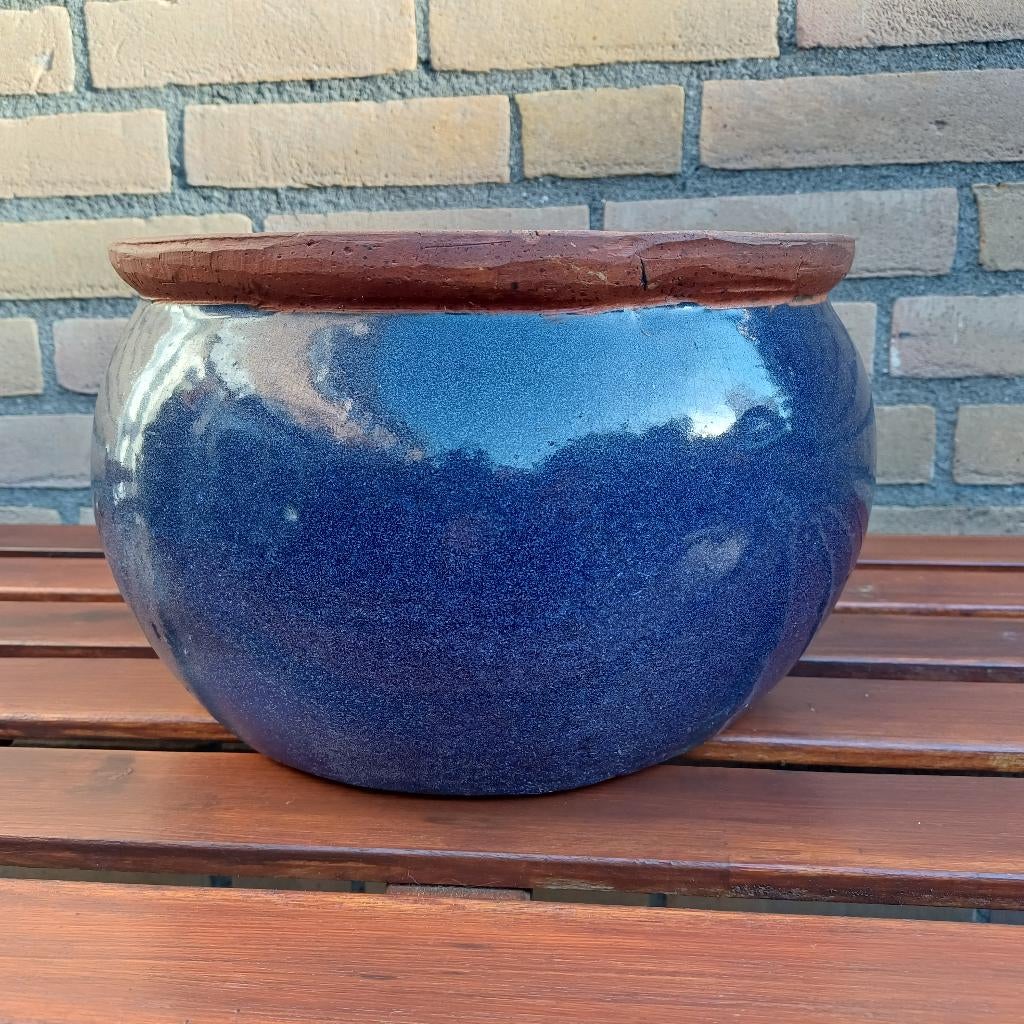 Bolvormige geglazuurde blauwe bloempot, Tuin en Terras, Bloempotten, Rond, Zo goed als nieuw, Minder dan 40 cm, Ophalen