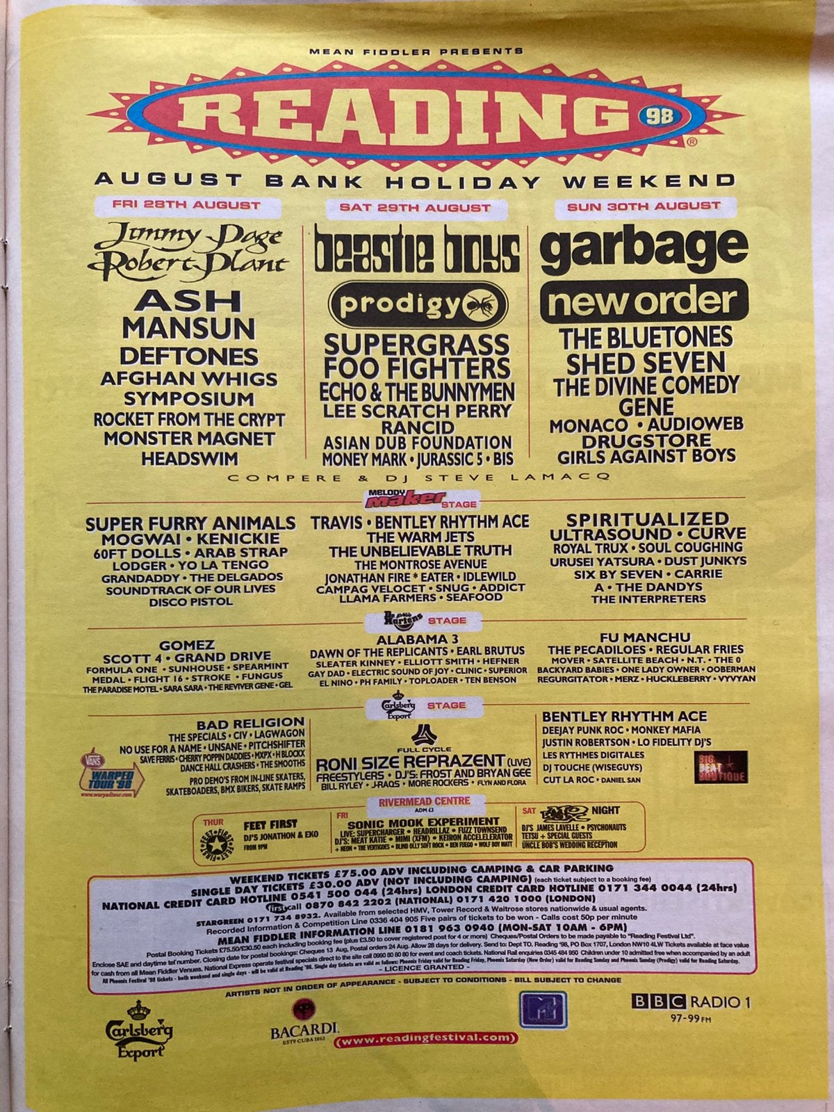 Paginagrote A3 advertentie READING Festival 1998 Beastie Bo, Ophalen of Verzenden, A1 t/m A3