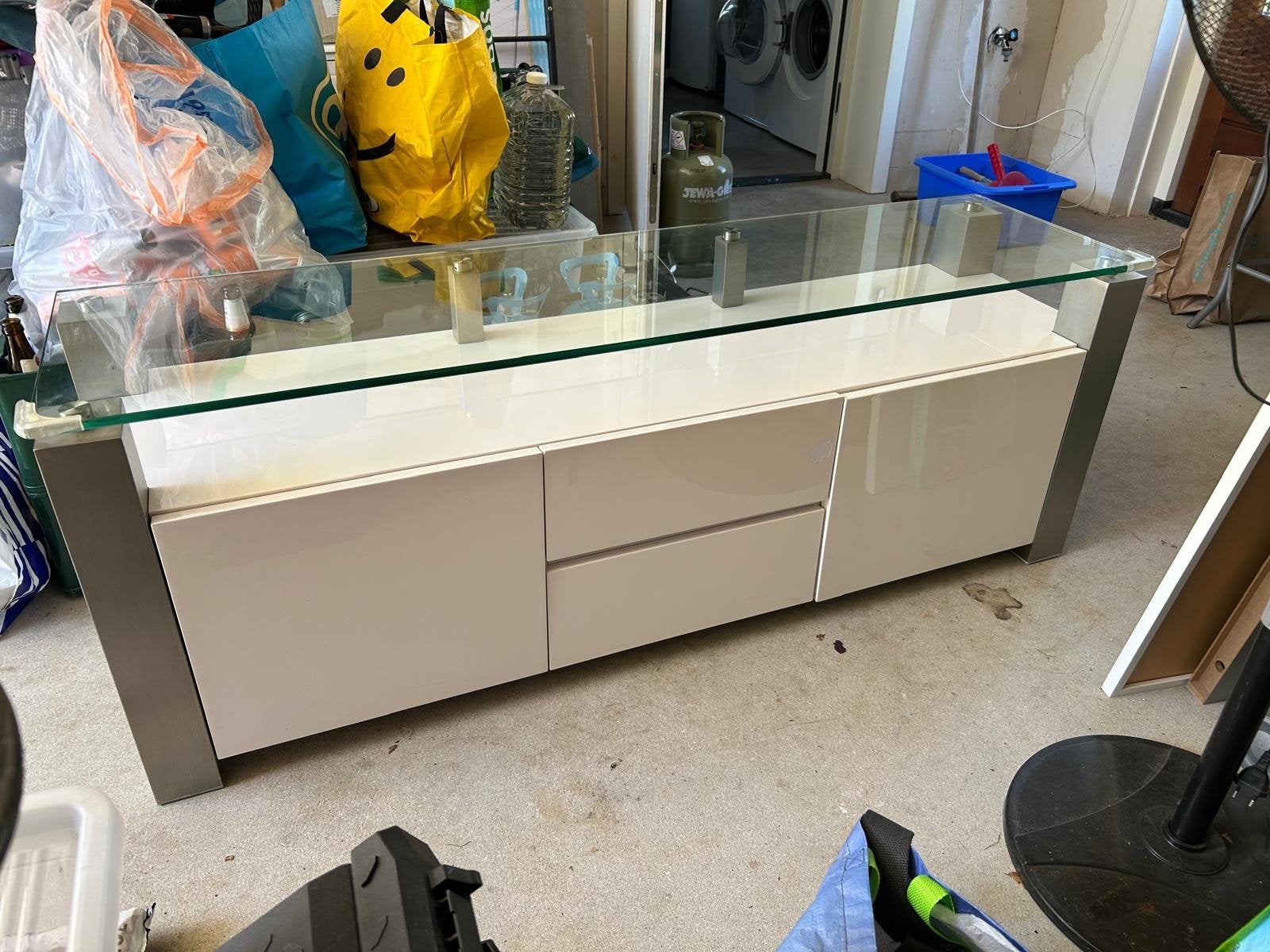 Zeer zwaar tv meubel met glazen blad - 150x58x40 cm, Huis en Inrichting, Ophalen, Gebruikt, 100 tot 150 cm, Glas