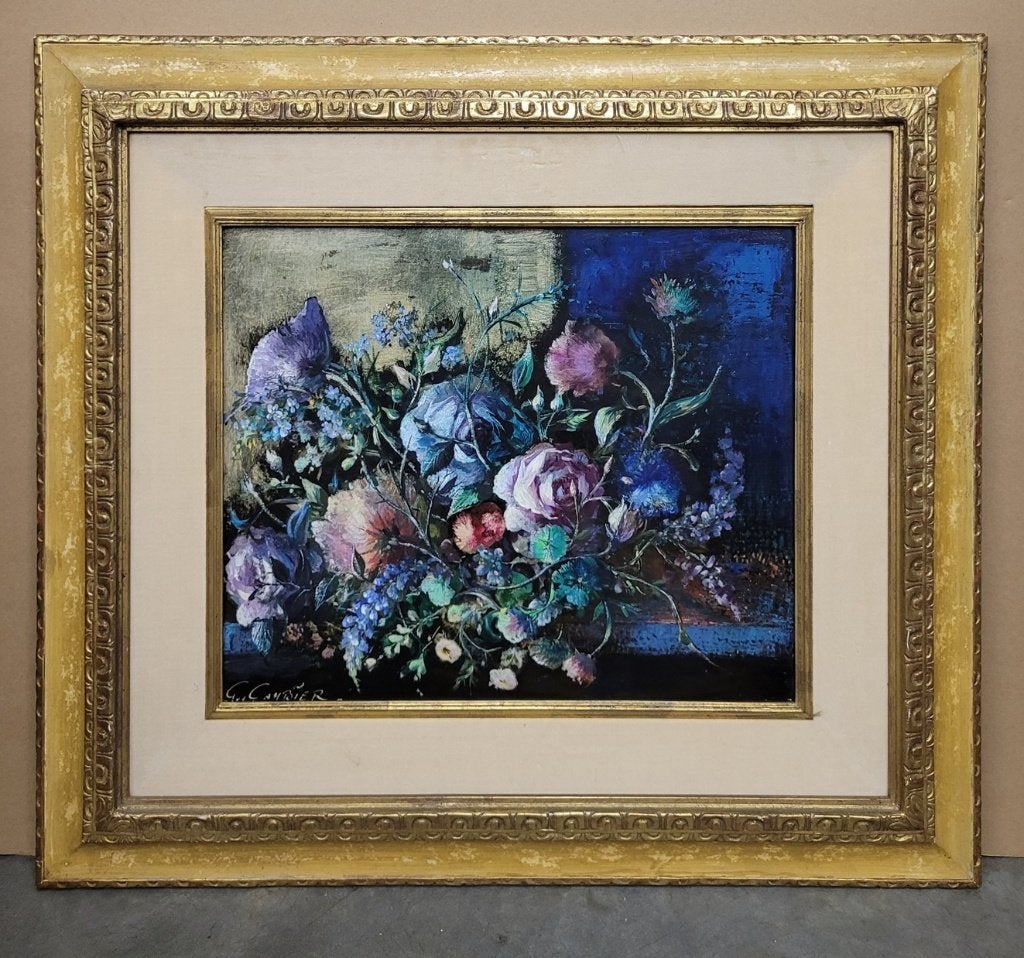 Guy CAMBIER, fleurs dans les bleus, Bloemen, Paneel, Ophalen of Verzenden, Olieverf