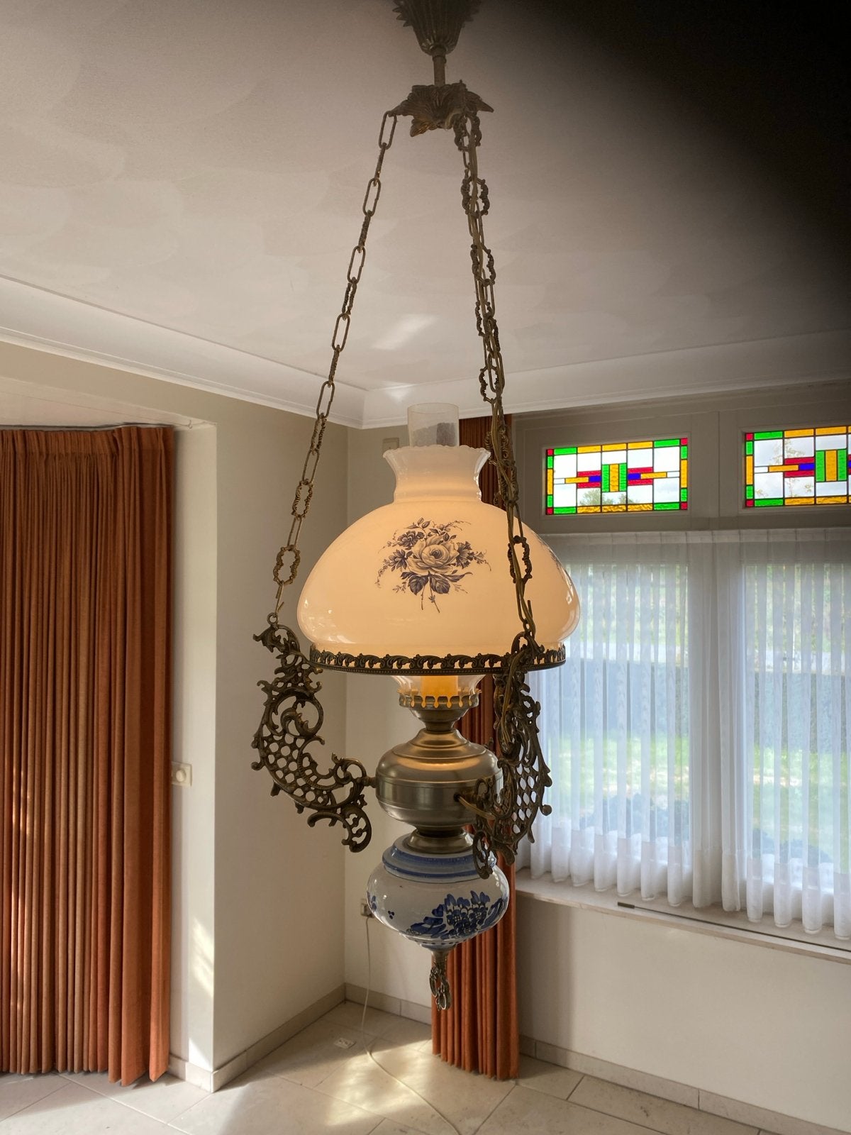 Antieke hanglamp met Delfts Blauw decoratie, Antiek en Kunst, Ophalen