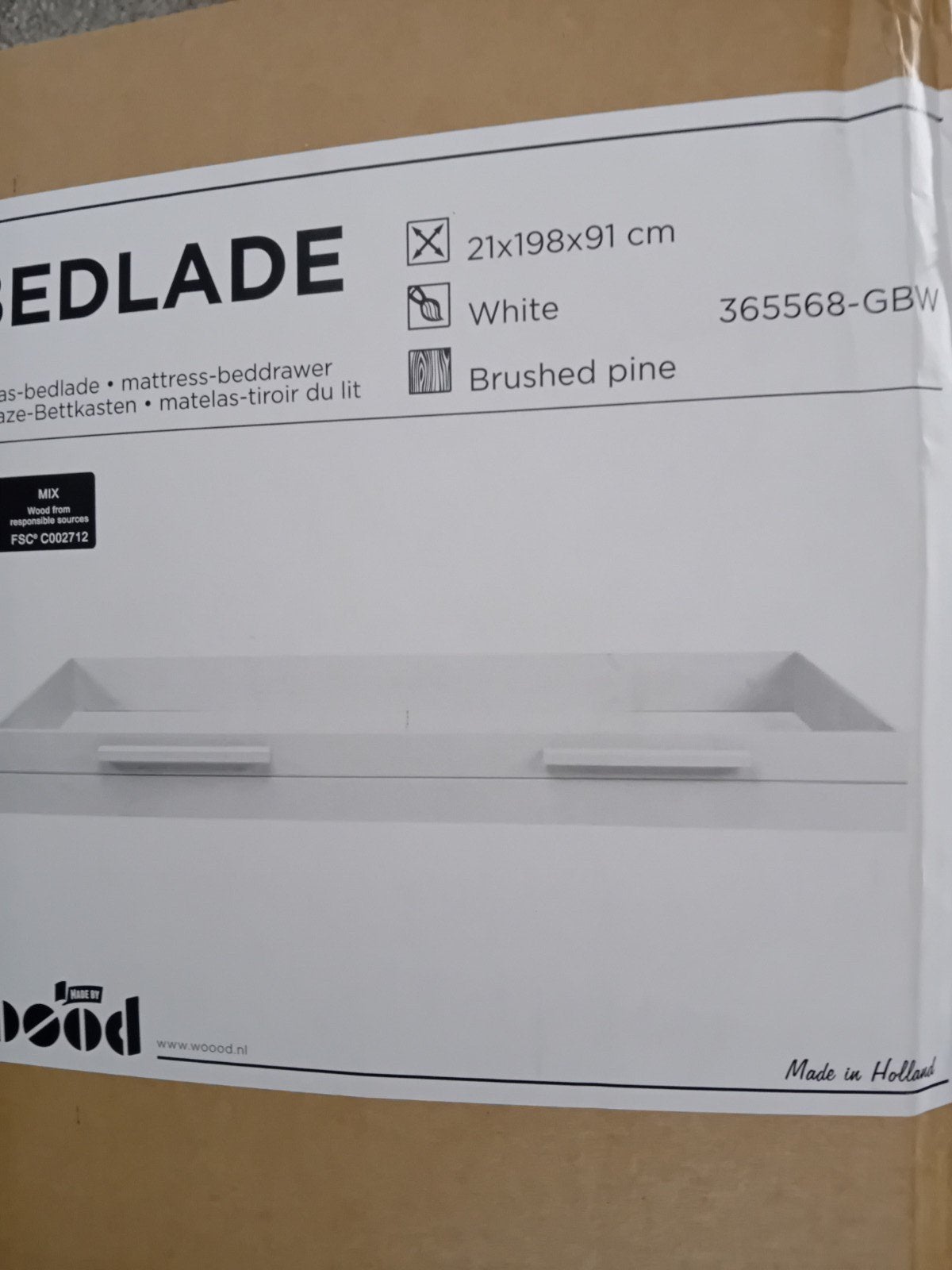 Nieuwe, ongebruikte WOood bedlade/onderbed, Ophalen, 90 cm, Eenpersoons, Nieuw