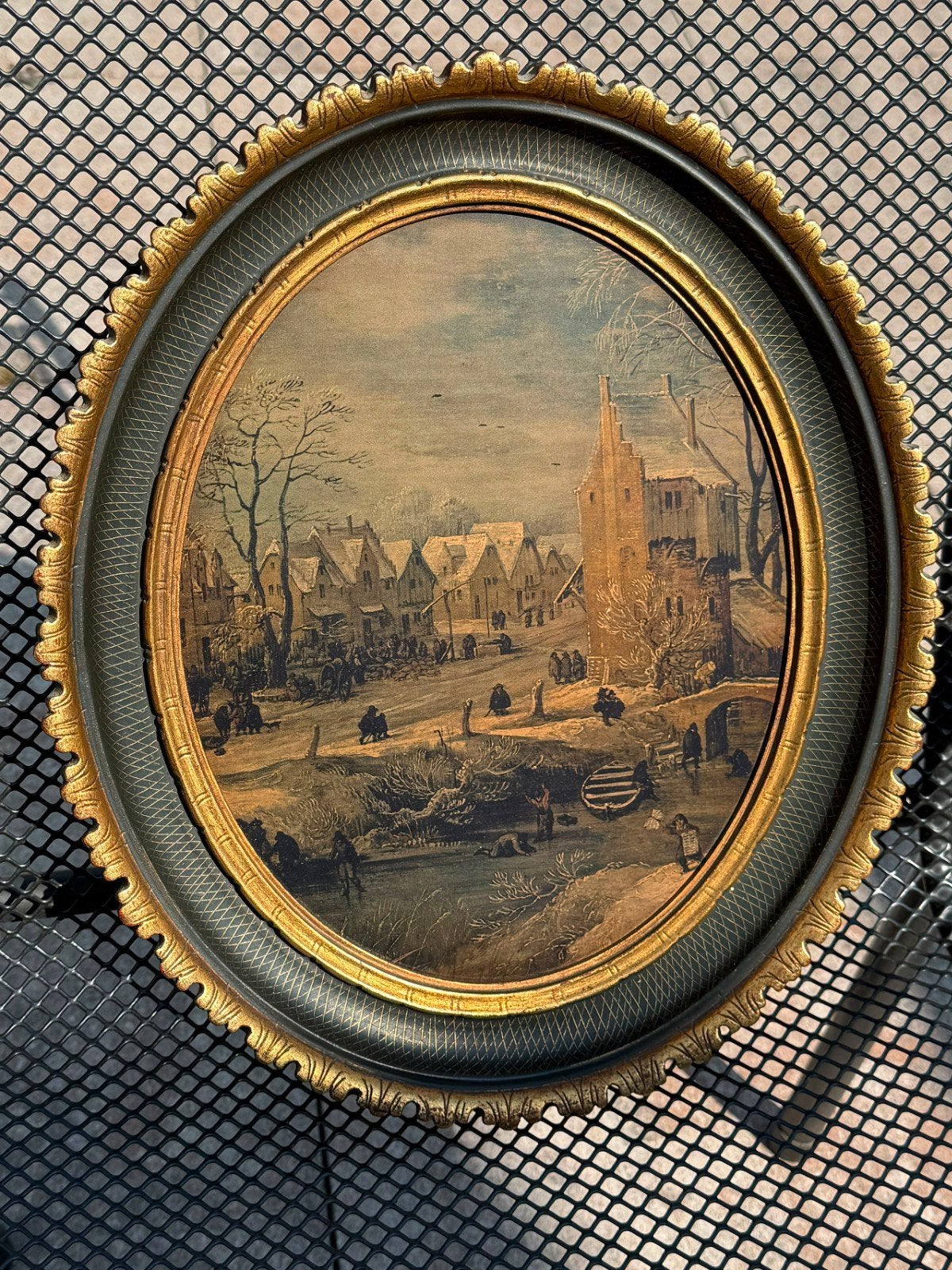 Antiek ovaal schilderij met winterlandschap, Antiek en Kunst, Ophalen of Verzenden