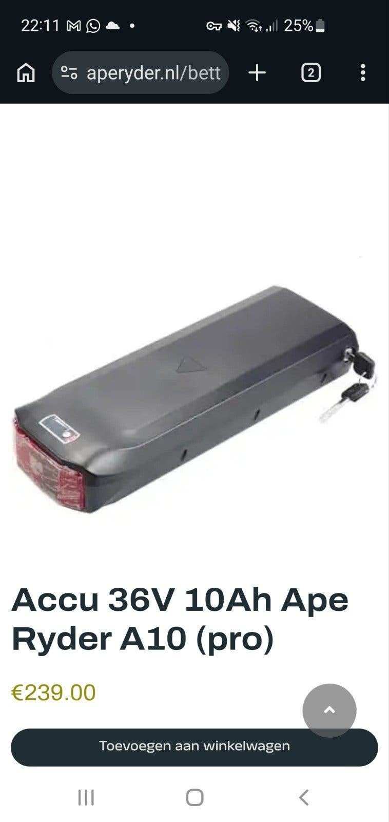 Accu 36V 10Ah Ape Ryder A10 (pro) E-bike Batterij, Ophalen of Verzenden, Nieuw