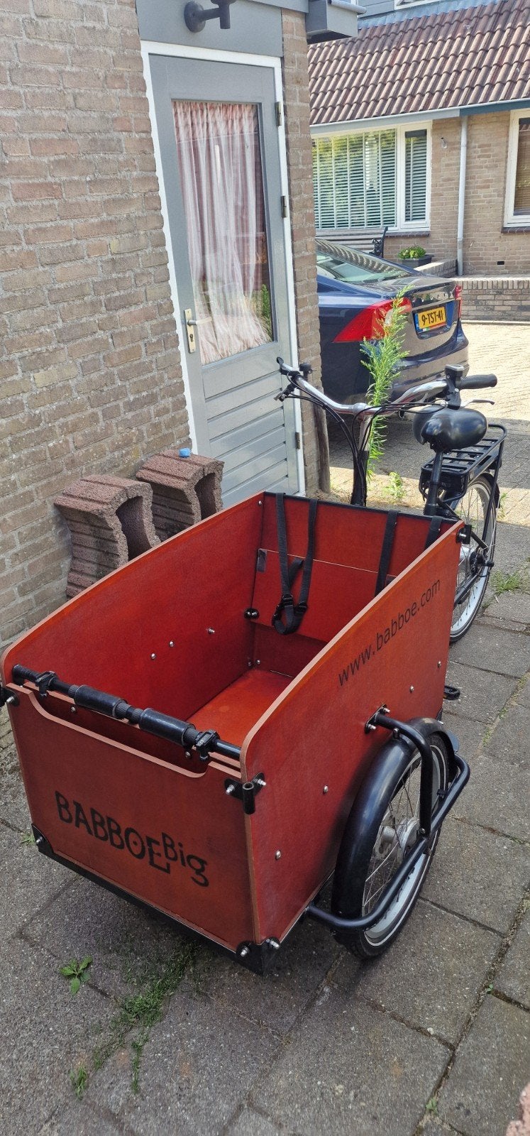 Babboe Big E bakfiets met huif en zitkussens, 4 kinderen of meer, Gebruikt, Huif, Schijfrem