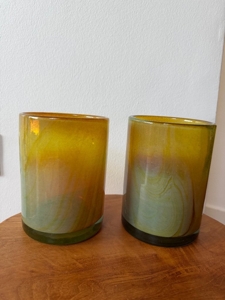 Set Henri Dean Flowers mondgeblazen glazen vaas windlicht, Huis en Inrichting, Windlicht, Verzenden, Overige merken, Geel