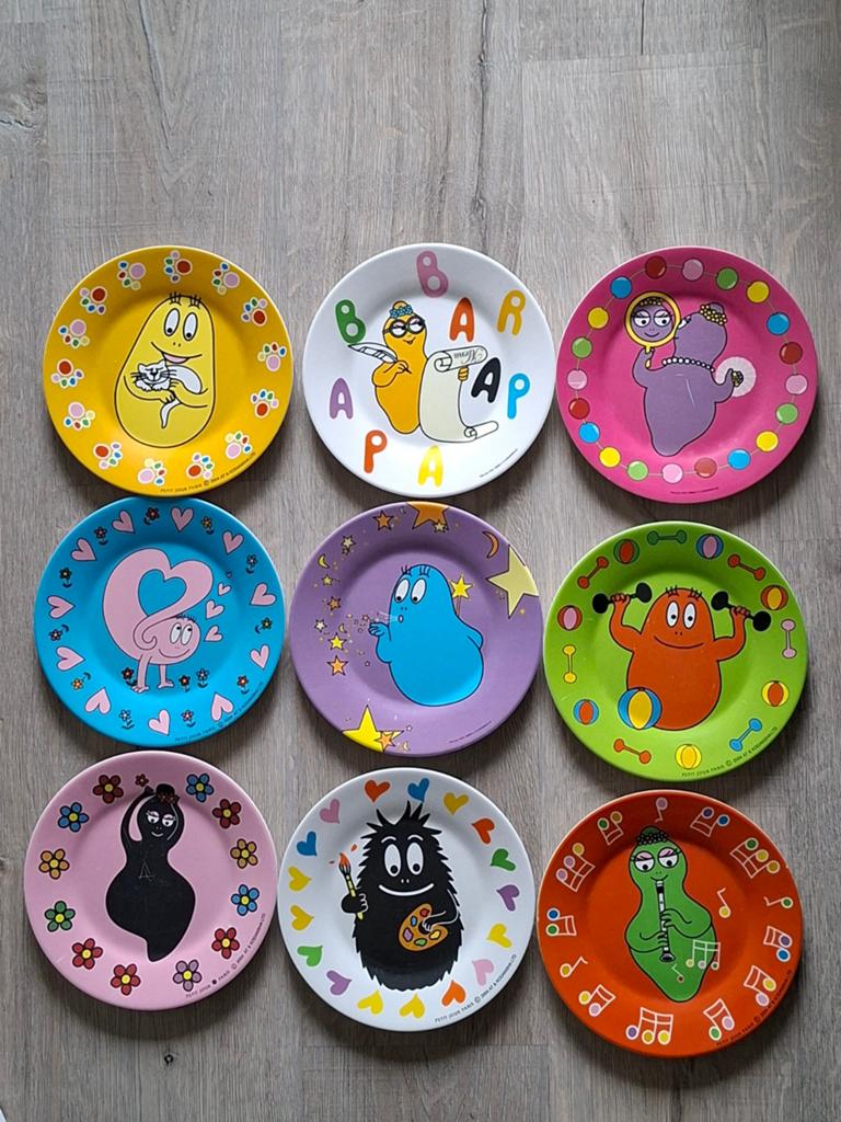 9 Barbapapa melamine ontbijtbordjes Petit Jour Paris, Verzamelen, Stripfiguren, Gebruikt, Overige typen, Overige figuren, Ophalen of Verzenden