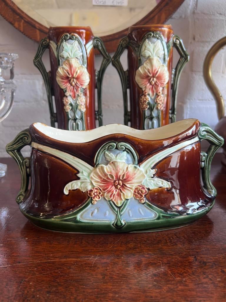 3-delige Art Nouveau Aardewerk Vaas Antiek