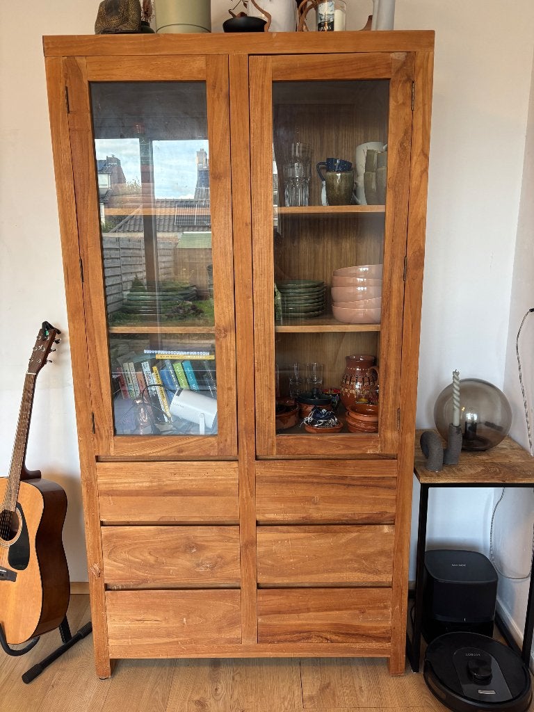 Prachtige teakhouten buffetkast vitrine kast 100 x 40 cm, Huis en Inrichting, Ophalen, 200 cm of meer, 50 tot 100 cm, Zo goed als nieuw