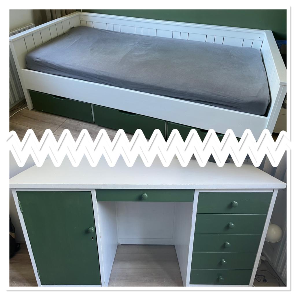 Degelijk bed, matras, opbergbakken en bureau, Huis en Inrichting, Slaapkamer | Bedden, Ophalen, Gebruikt, 90 cm, Eenpersoons