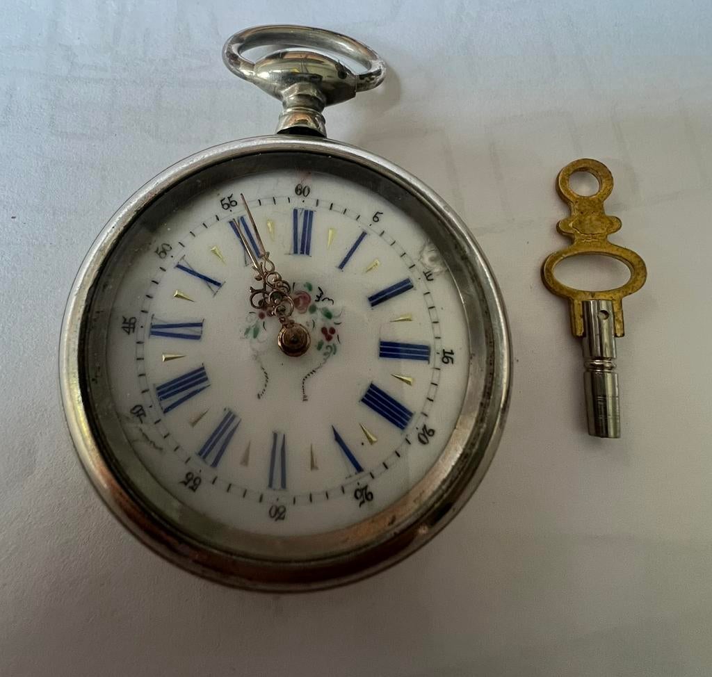 zakhorloge met sleuteltje voor 1900, Overige merken, Zakhorloge, Staal, Ophalen of Verzenden