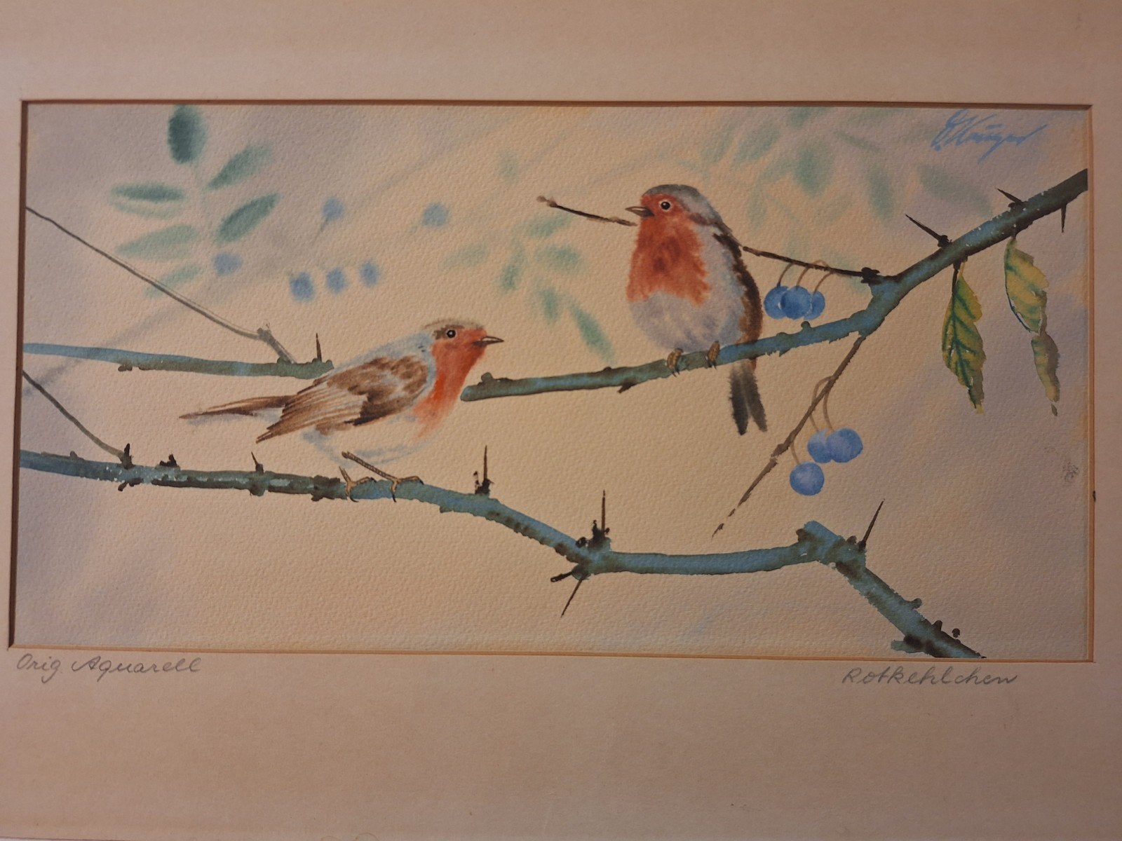 Originele aquarel van roodborstjes, gesigneerd, Gesigneerd, Realistisch, Dieren, Ophalen of Verzenden