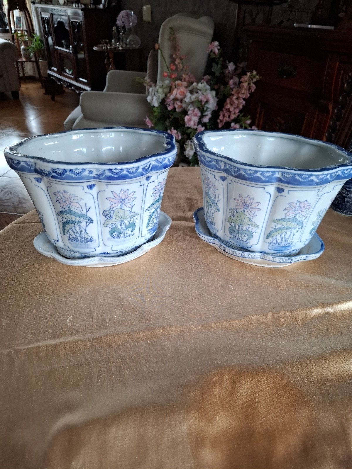 Prachtige Set van 2 Vintage Chinese Ovale Bloempotten, Ophalen of Verzenden