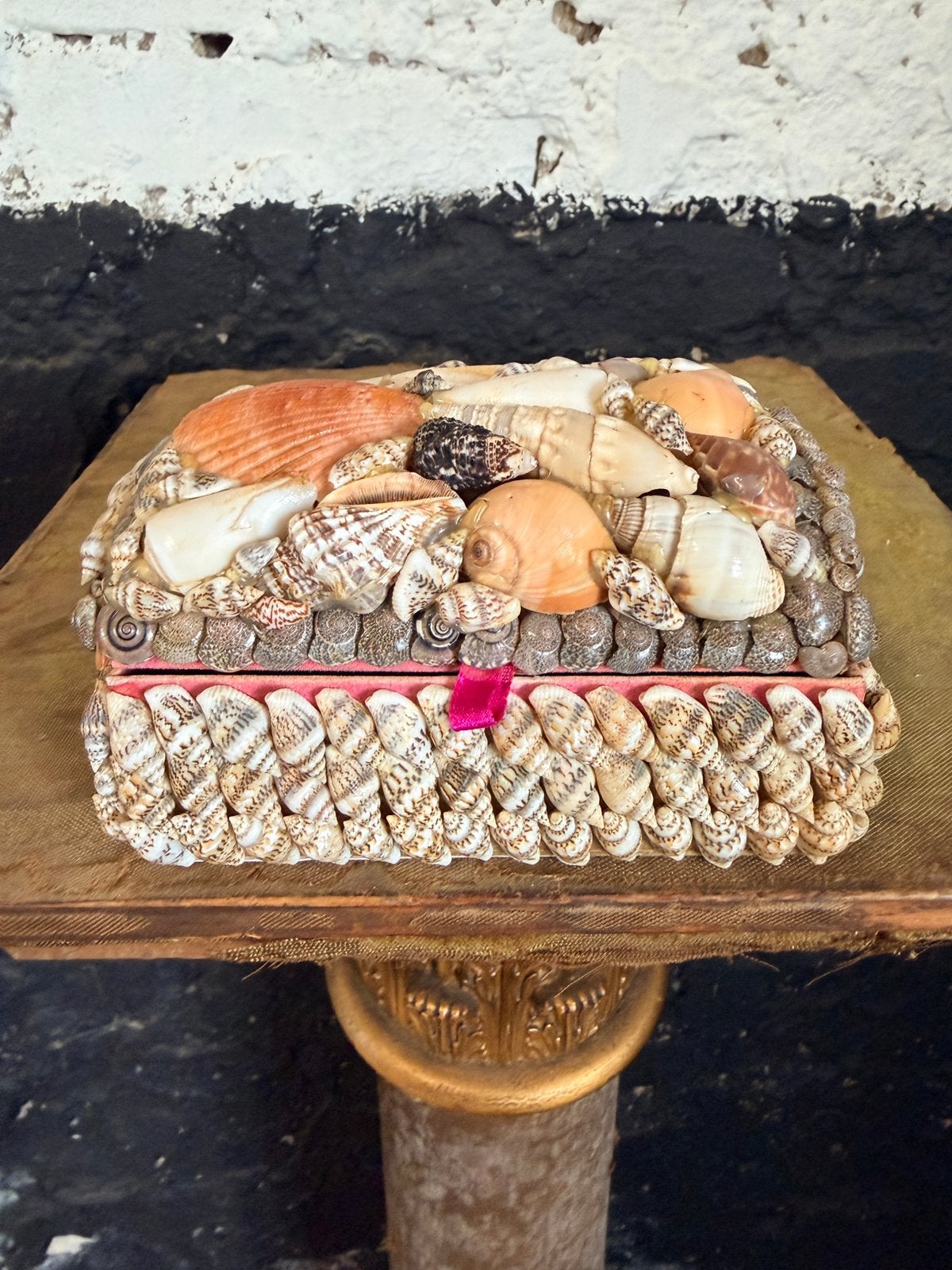 Vintage houten sieradenkistje met schelpen en roze velvet, Ophalen of Verzenden