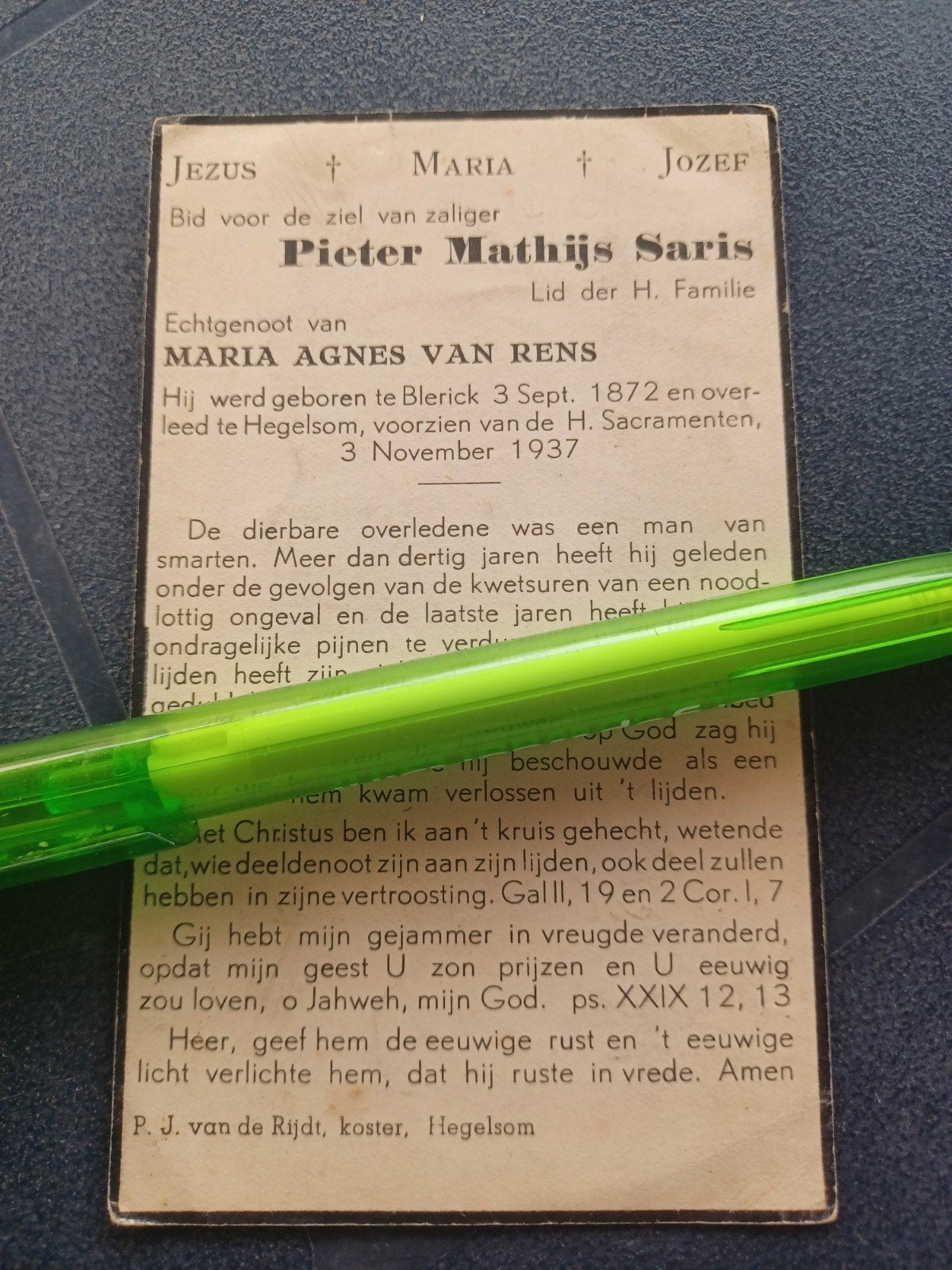 Bidprentje Blerick Hegelsom Pieter Saris 1872 1937, Ophalen, Bidprentje