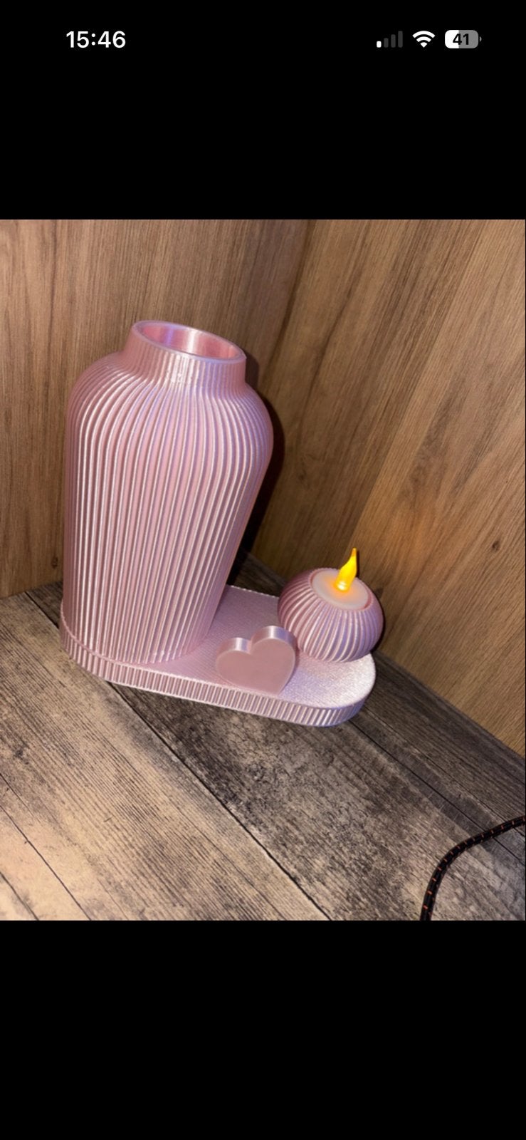 Roze 3D-geprinte vaas met theelichthouder en hartje, Overige materialen, Nieuw, Roze, Ophalen of Verzenden