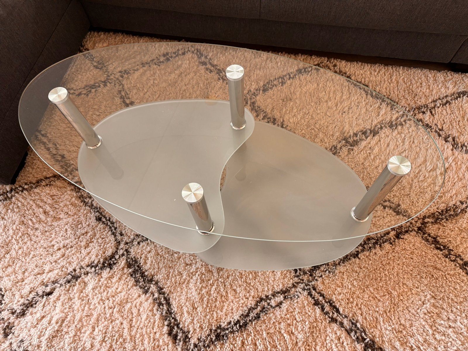 Moderne glazen salontafel met twee niveaus, Ophalen, Gebruikt, 100 tot 150 cm, 50 tot 100 cm