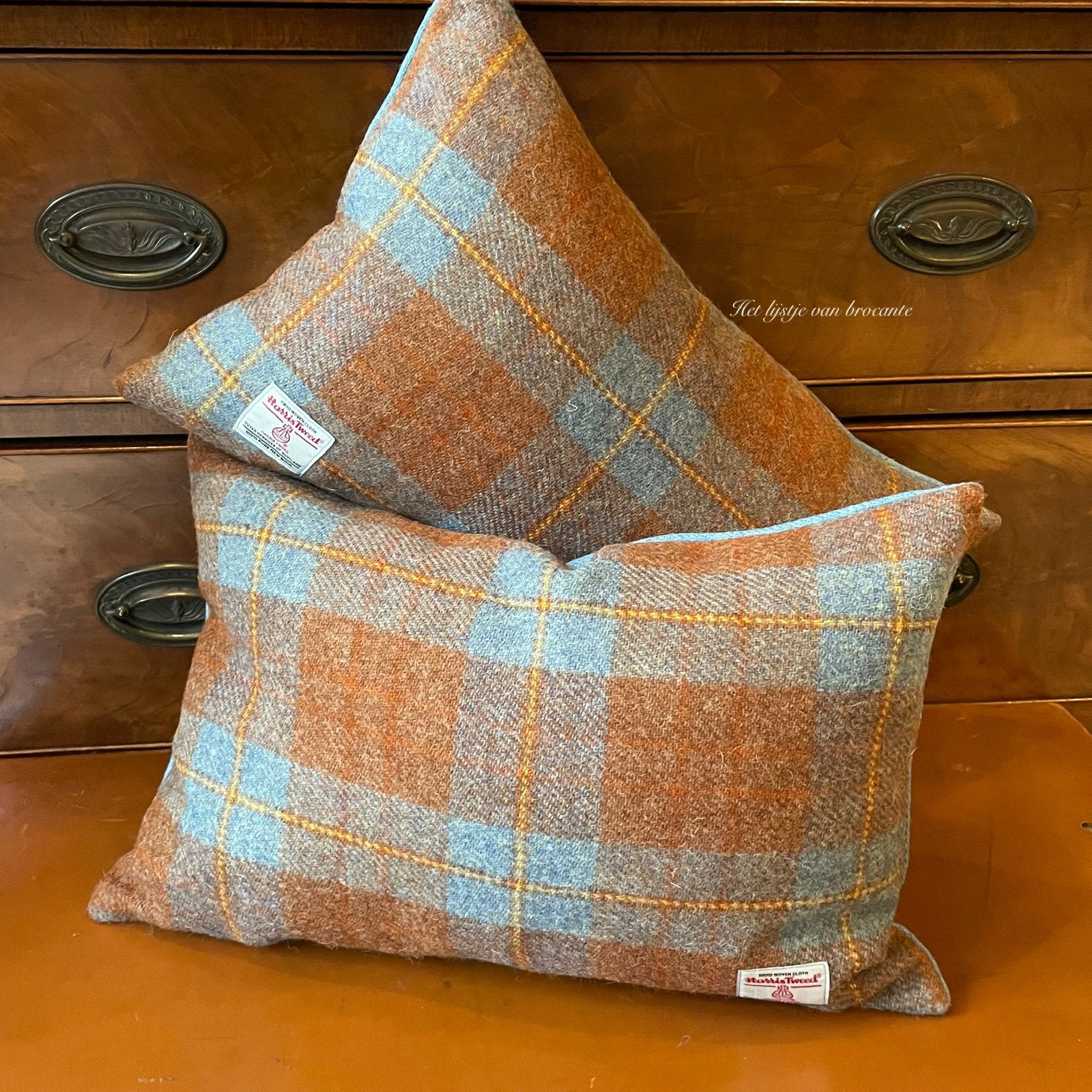 Handgemaakte kussen set Harris Tweed Toffee/Blue Check, Westdijk 41 3241 GT Middelharnis, Blauw, Info@lijstjevanbrocante.nl, Ophalen of Verzenden