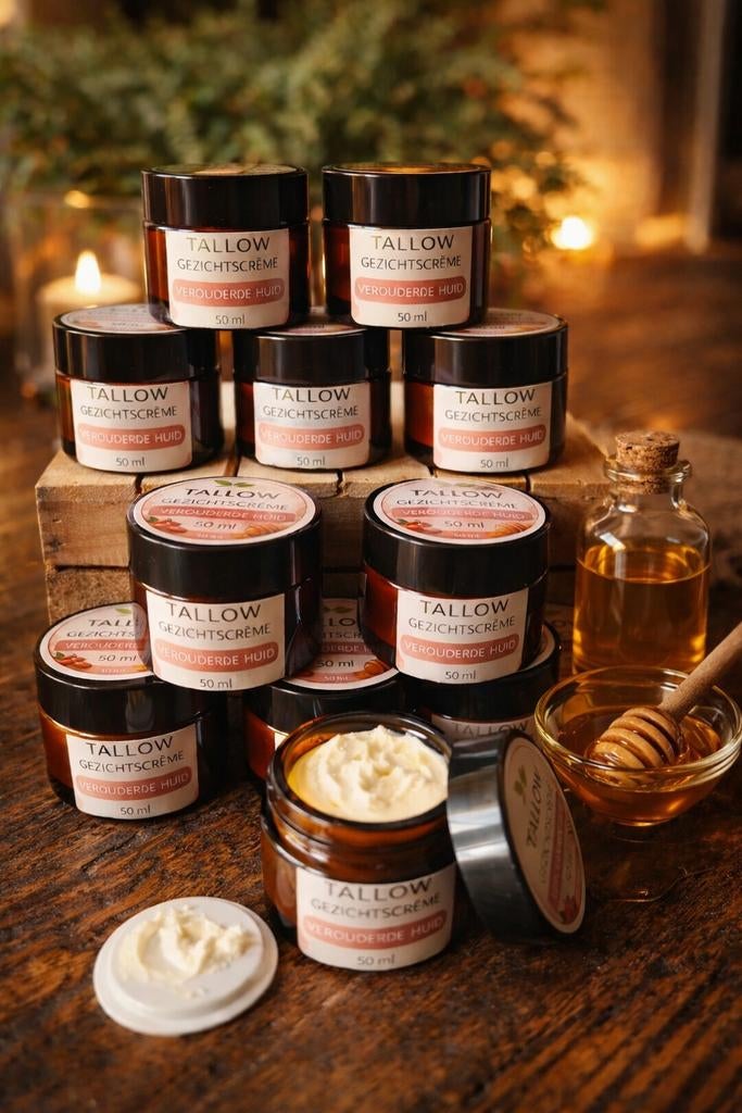 Tallow Gezichtscrème voor Verouderde Huid.  - 50 ml, Ophalen of Verzenden, Nieuw, Gehele gezicht, Verzorging