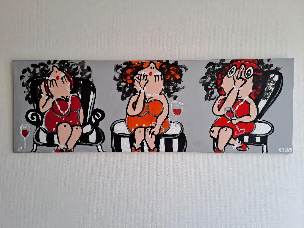 Schilderij dikke dames Horen-Zien-Zwijgen 120/40 cm i.g.st., Ophalen