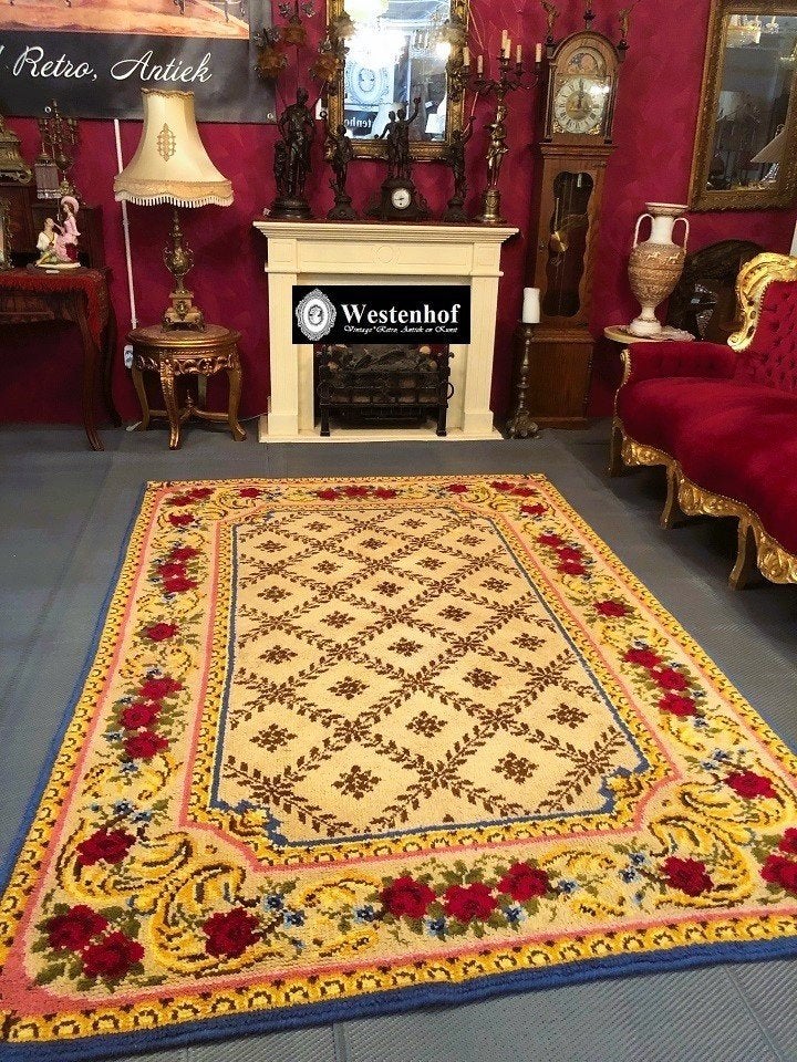 Handgeknoopt tapijt  vloerkleed wol vintage klassiek, Gebruikt, Geel, 200 cm of meer, Ophalen of Verzenden