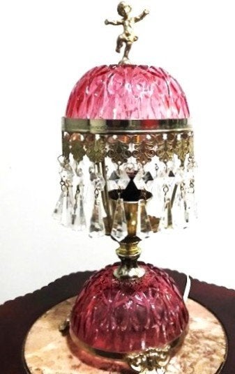 Boudoirlamp roze geslepen kristal & zilveren frame & putti✨, Ophalen of Verzenden