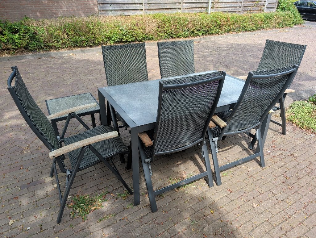 Complete tuinset | 6 Bellagio standenstoelen + Hartman tafel, Ophalen, Gebruikt, 6 zitplaatsen, Aluminium
