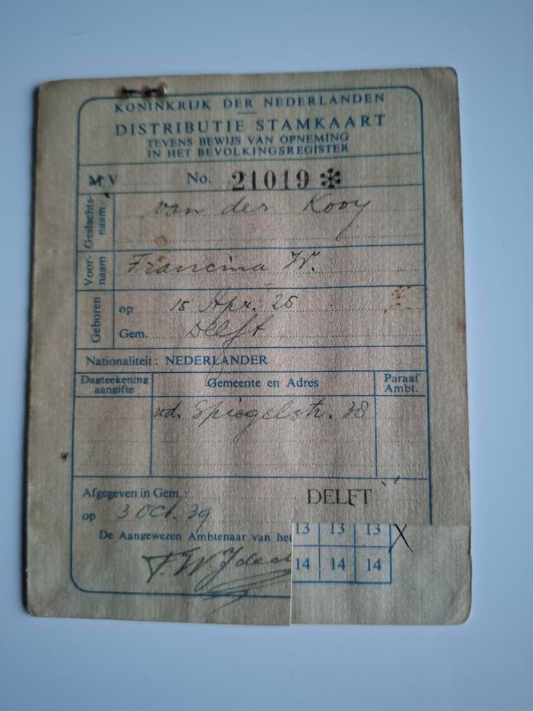Distributie stamkaart Delft bonkaart document wo2, Ophalen of Verzenden, Nederland