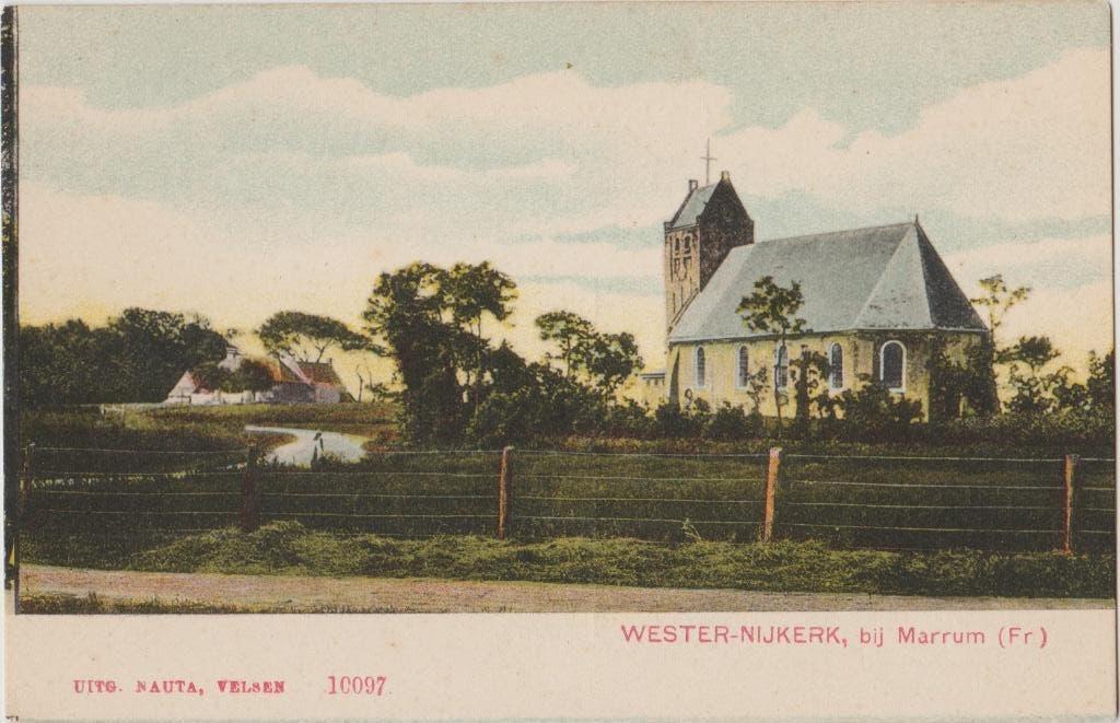 wester-nijkerk bij marrum friesland dorpsgezicht met kerk, Verzamelen, Ophalen of Verzenden, Voor 1920, Ongelopen, Friesland