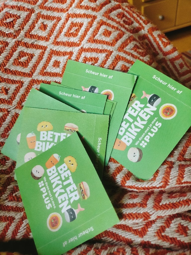 8 stickers Plus Beter Bikken gratis, Verzamelen, Plus, Ophalen of Verzenden