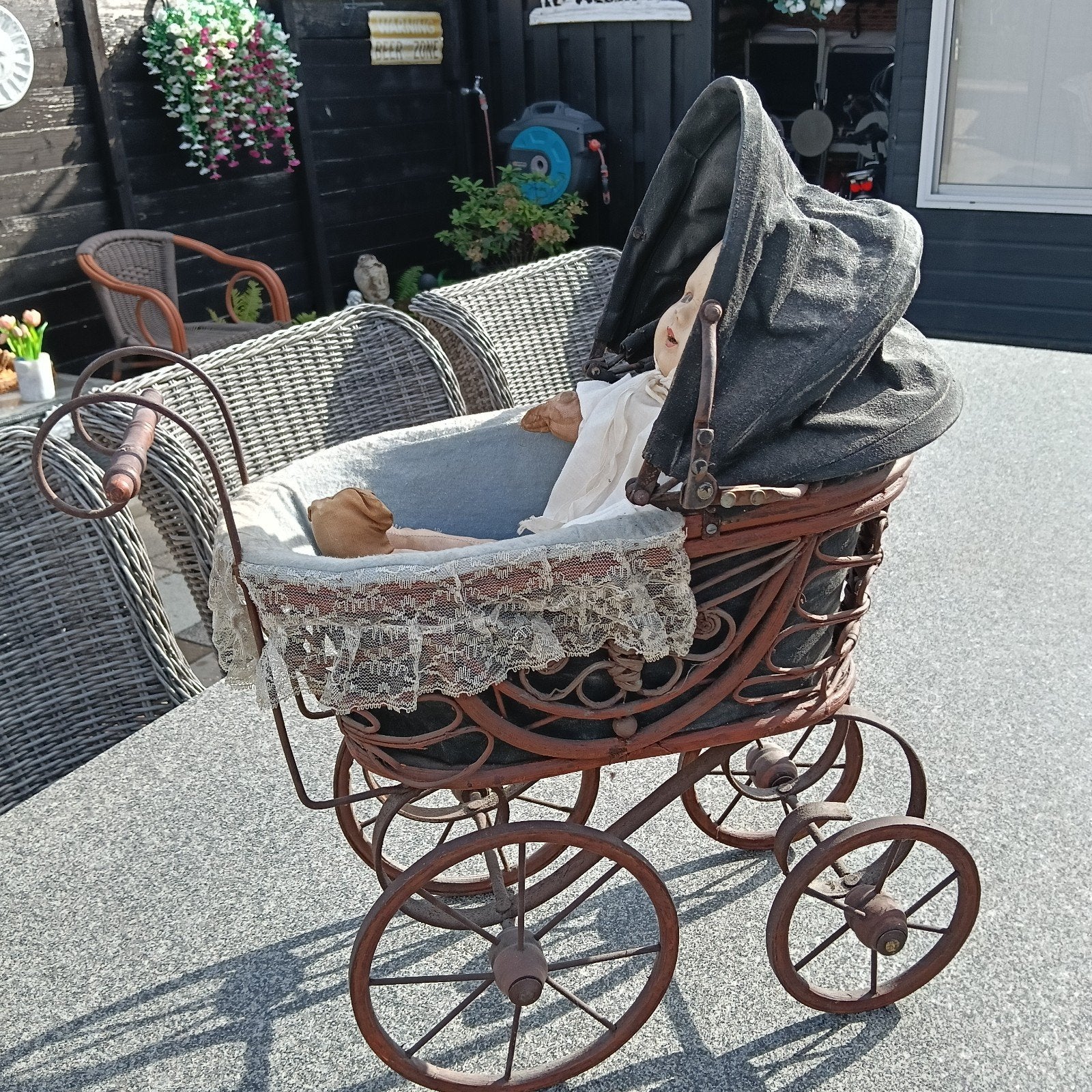 zachte pop met porseleinen hoofd, Gebruikt, Verzenden, Met reiswieg, Kinderwagen