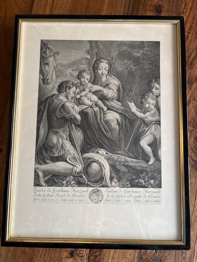 Antieke Gravure: Madonna met Kind en Heiligen (18e Eeuw), Antiek en Kunst, Ophalen, Ingelijst, Religie, Gravure