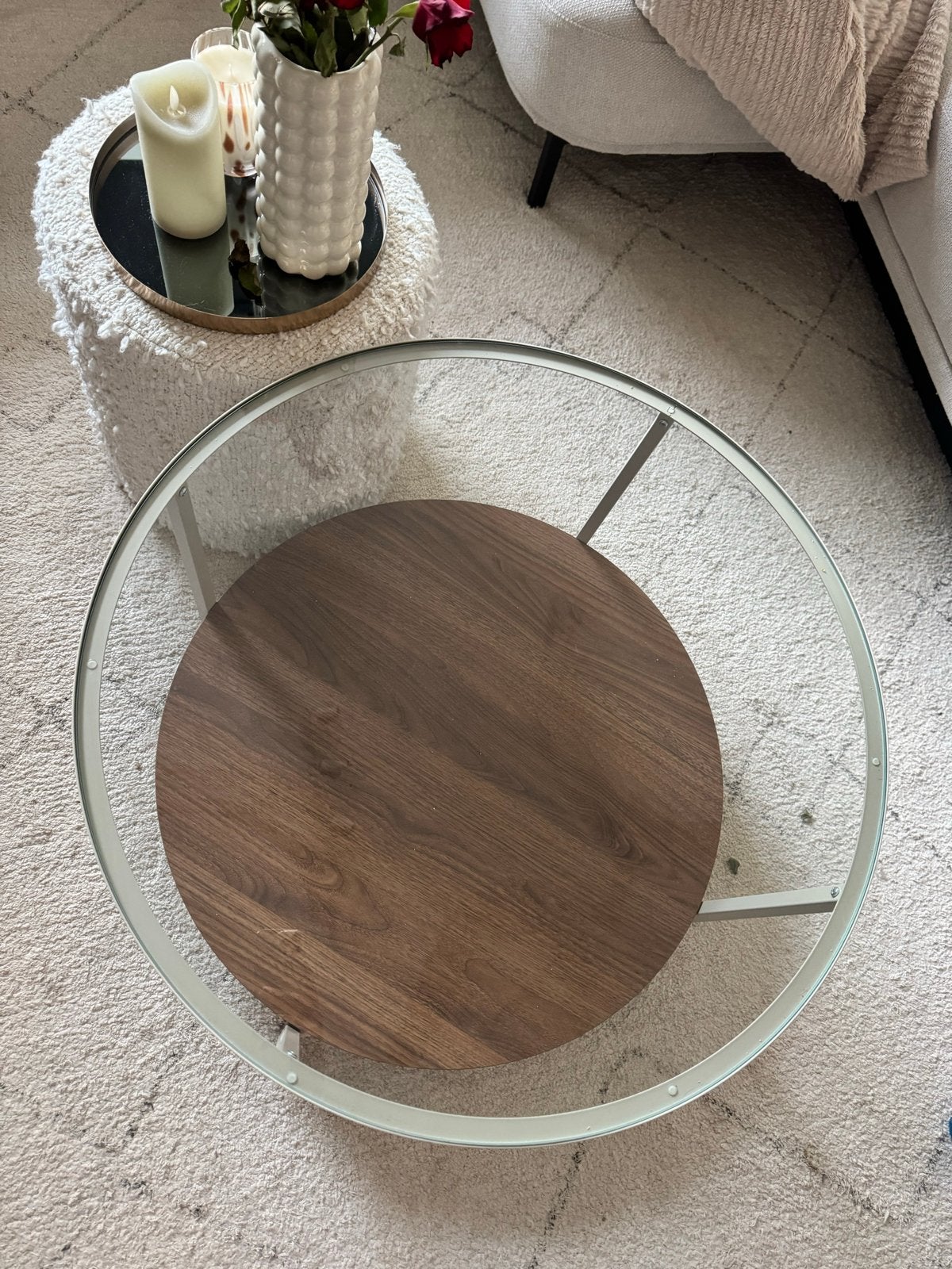 Moderne ronde salontafel met glas en hout vittsjö, Ophalen, 50 – 75, Rond, 50 tot 100 cm
