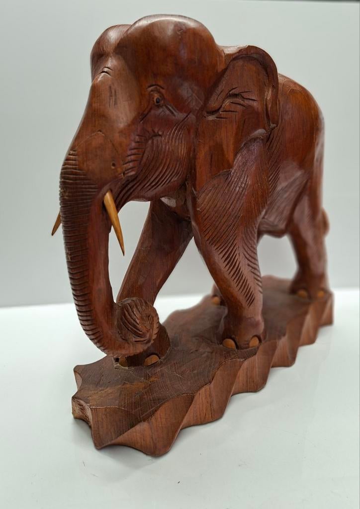 Houten olifant beeld - Handgesneden decoratie, Ophalen of Verzenden, 20 - 50 cm, Beeld, Hout
