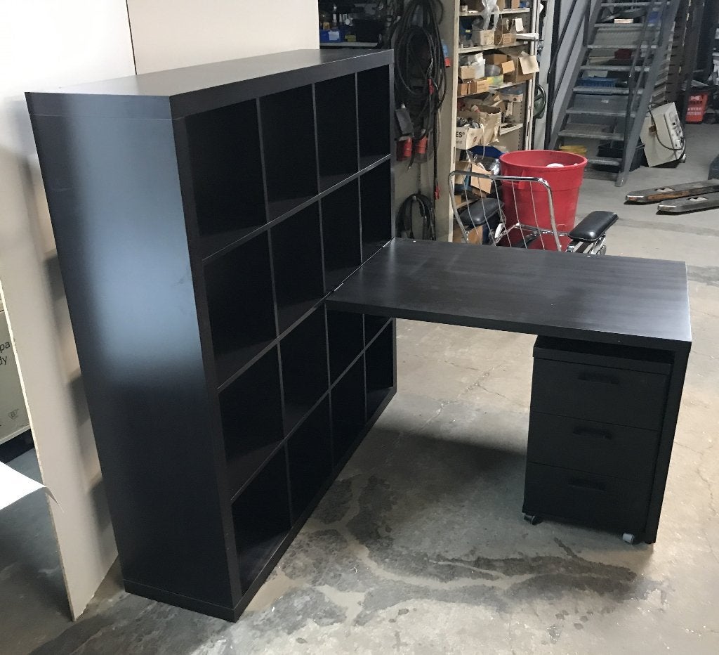 Bureau met kast en ladekastje, Ikea, Kallax, Ophalen, Gebruikt, Hout, Bruin