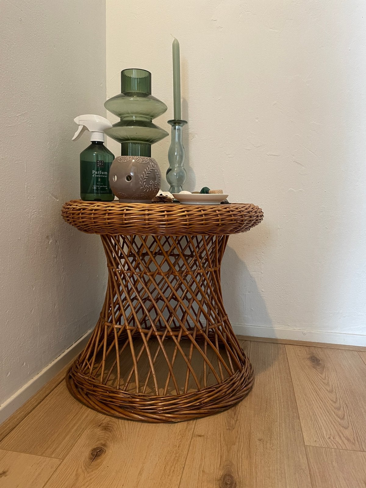 Rotan bijzettafel - Vintage, Minder dan 55 cm, Gebruikt, Rond, Hout