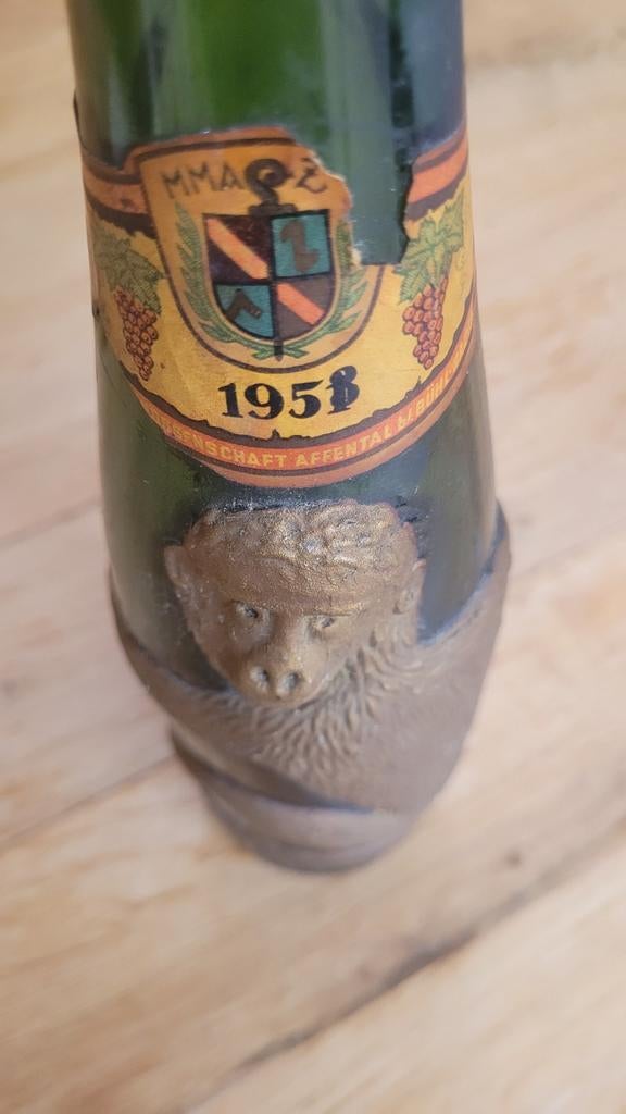 Bijna lege wijnfles 1958 met aap opdruk - Affentaler, Ophalen of Verzenden