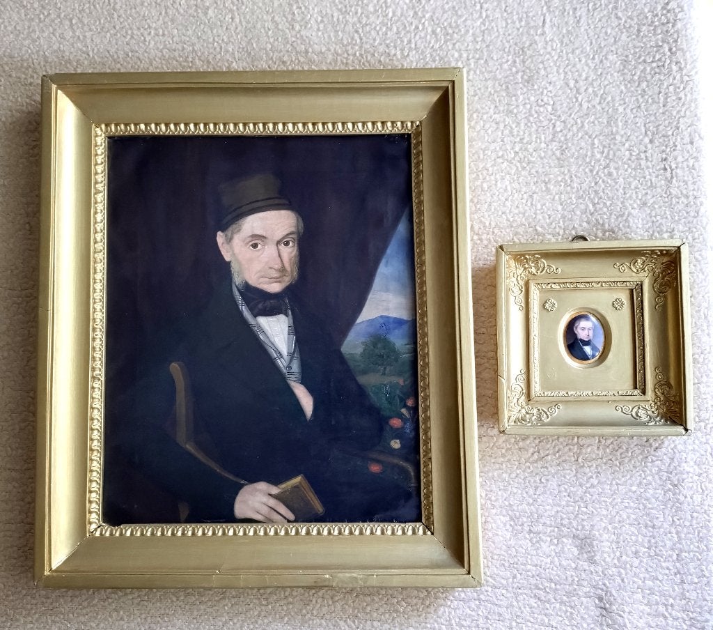 PORTRET + MINIATUUR-PORTRET van dezelfde man= c a 1820, Ophalen of Verzenden
