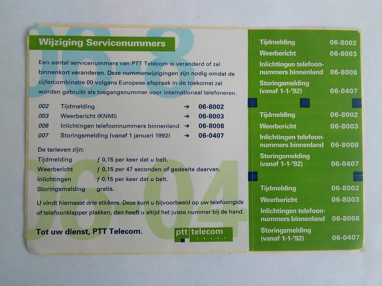Sticker PTT Telecom Wijziging Servicenummers, Verzenden, Zo goed als nieuw
