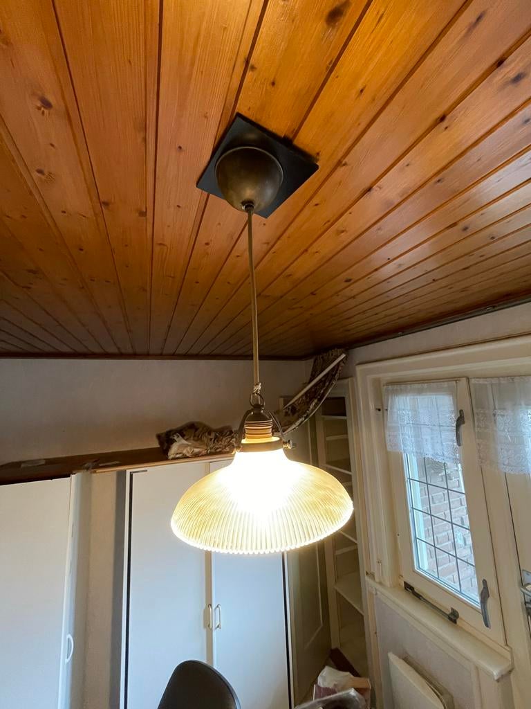 Vintage Art Deco Hanglamp met Holophane Glas, Huis en Inrichting, Lampen | Hanglampen, Ophalen, Gebruikt, Glas, Minder dan 50 cm