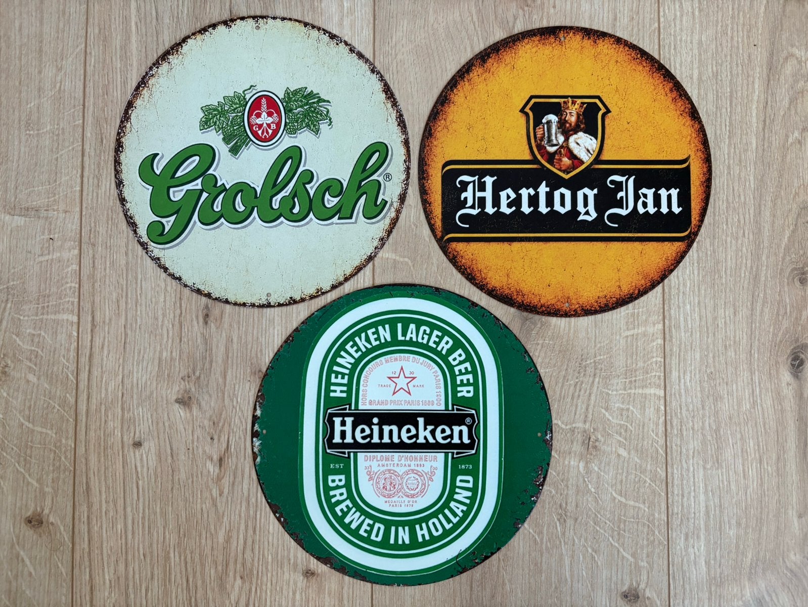 3 prachtige vintage borden Grolsch, Heineken en Hertog Jan, Ophalen of Verzenden, Zo goed als nieuw, Reclamebord