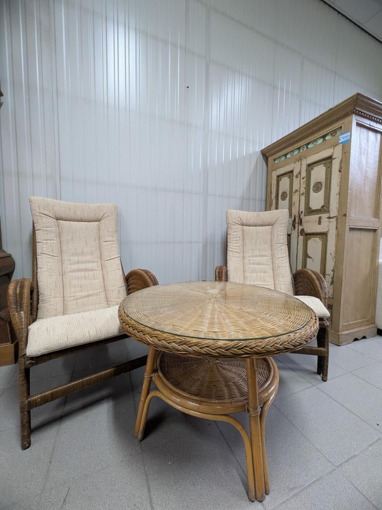 Vintage Rotan Lounge Set | 2 Relax Fauteuils + Tafel | Jaren, Ophalen, Gebruikt, Twee, Bruin