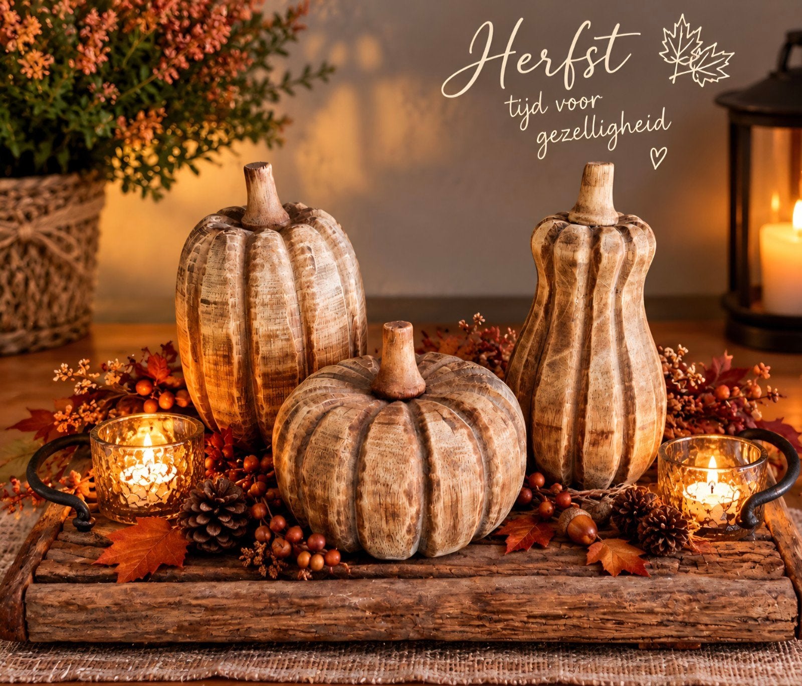 Set van 3 decoratieve houten pompoenen - Herfstdecoratie, Hout, Ophalen of Verzenden, Bruin, Landelijk