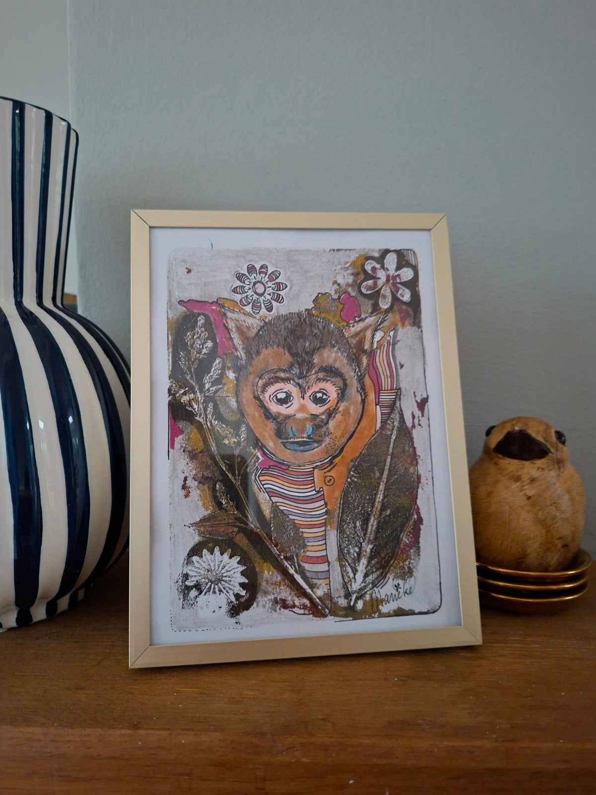 Handgemaakt mixed-media schilderij 'Aapje' 15x20 cm, Verzenden