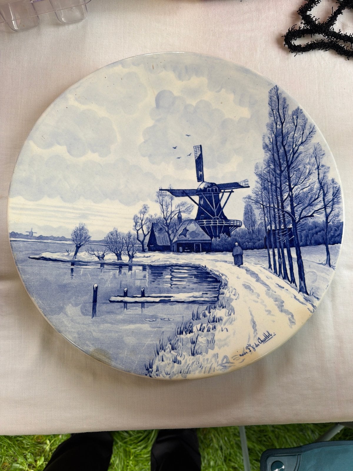 Delfts Blauw Wandbord - Winterlandschap met Molen, Antiek en Kunst, Ophalen of Verzenden