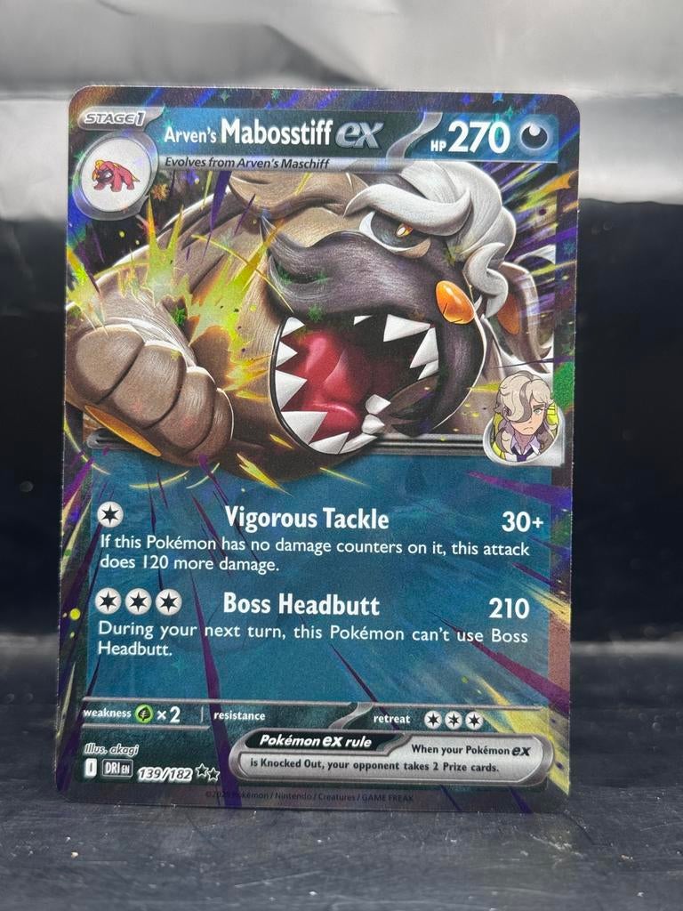 Pokemon Destined Rivals - Arven’s Mabosstiff ex 139/182, Ophalen of Verzenden, Zo goed als nieuw