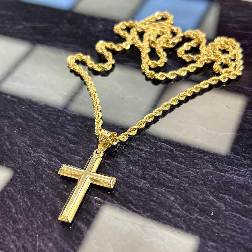14 karaat gouden ketting rope schakel met kruis hanger, Ophalen of Verzenden, Nieuw, Goud