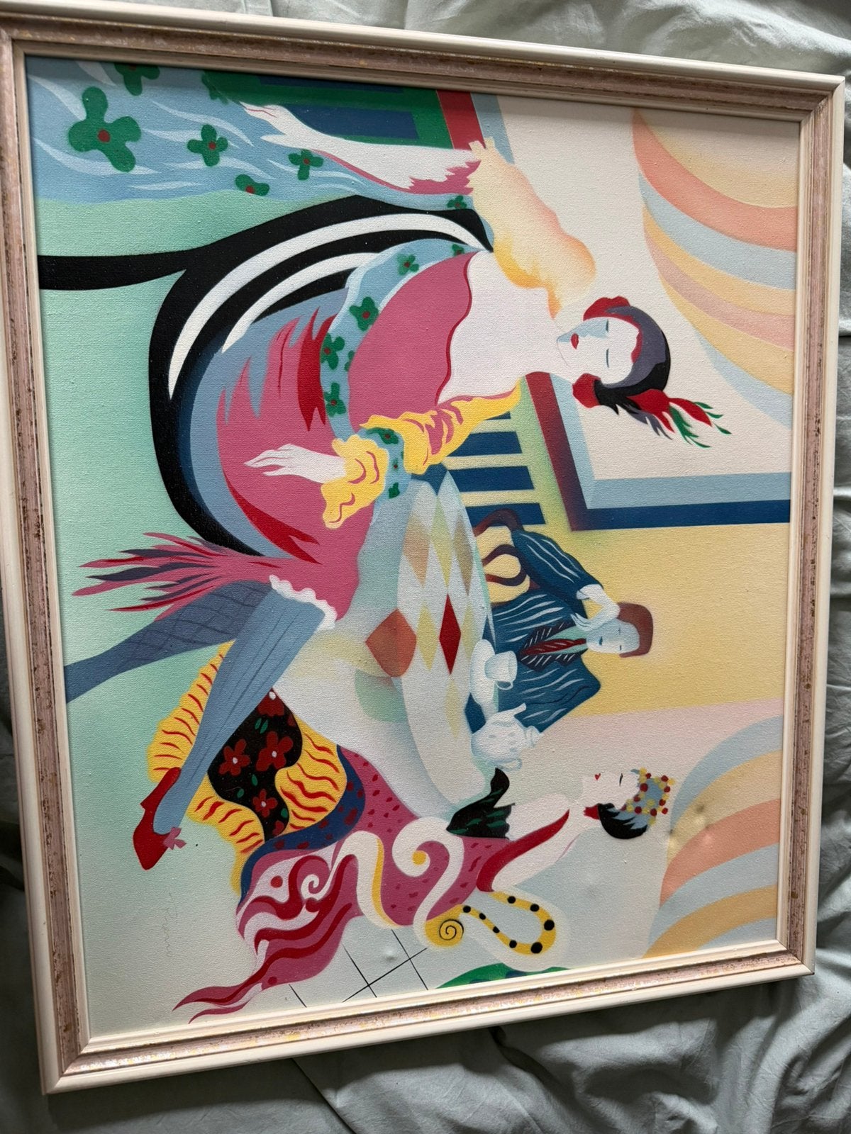 decoratief art deco schilderij op doek, Antiek en Kunst, Ingelijst, Ophalen of Verzenden, Personages en Fantasiefiguren, Overige techniek
