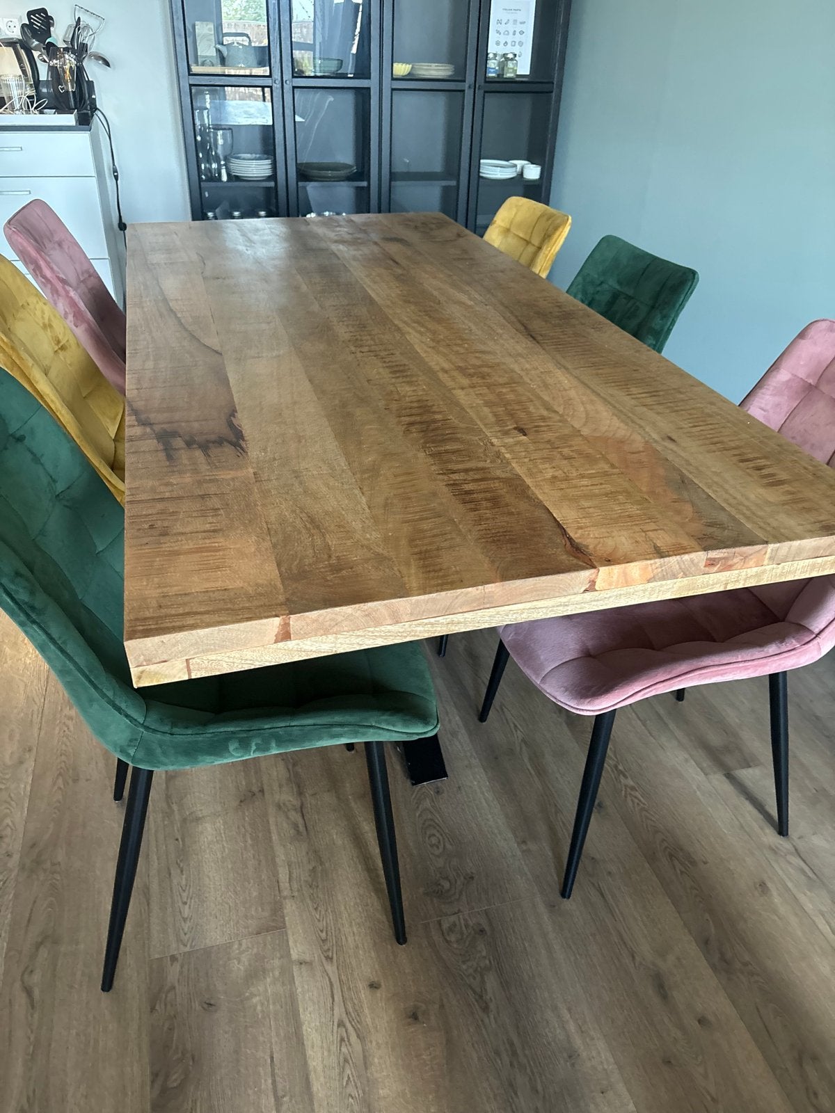 Zen Lifestyle walnoten eettafel 190 cm + 6 velvet stoelen, Huis en Inrichting, Tafels | Eettafels, Ophalen, 50 tot 100 cm, Zo goed als nieuw
